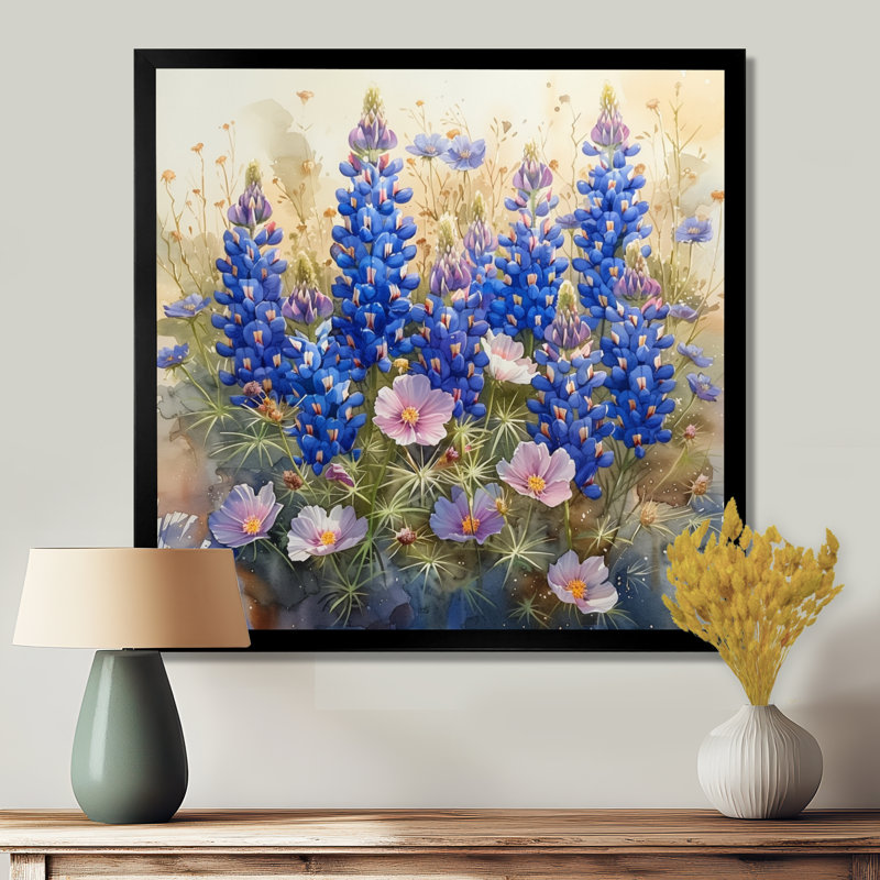Bleu, bleu, fleurs sauvages, bleu, Bonnets, rêves - V, art mural bleu, salon, H 16 po x l 16 po, Cadre simple noir
