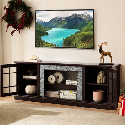 Cherry Color 70" Media Console, 2-door Storage, Faux Stone Design, 75'' Tv Space, 6 Cable Management Holes