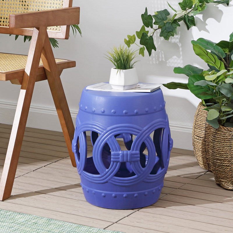 Lucky Coins - Tabouret de jardin 16 po avec cercles de cercles bleus entrecroisés, table d'appoint intérieure et extérieure, siège et support pour plante