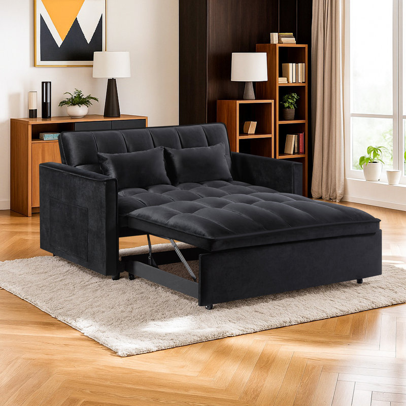 54" Velvet Convertible 3-In-1 Sofa Bed, Black
