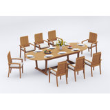 9 Pcs Grade-A Teak Wood Dining Set: 118" Double Extension Mas Oval Trestle Leg Table And 8 Goa Stackng Arm Chairs #11GO2708