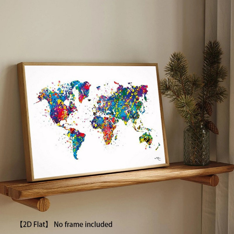 «Vibrant Color Splash World Map», art sur toile prêt à être accroché - salon moderne