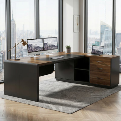 81" L-Shaped Office Desk, Large Computer Desk with Drawers and File Cabinet, Modern Executive Desk with Storage Shelves