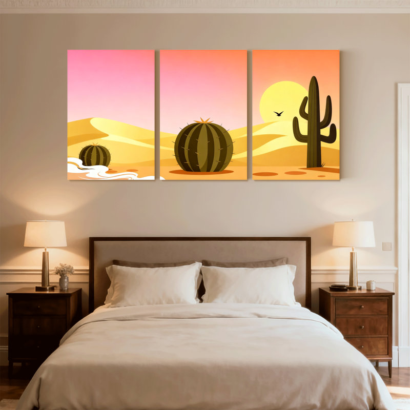 Cactus, paysage désertique avec cactus et coucher de soleil, ensemble de 3 impressions sur toile, H 24 po x l 48 po