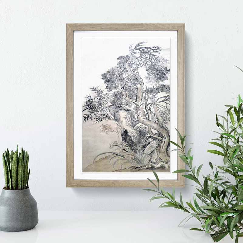 Lilies & Cypress Tree by Yun Shouping - Framed Print, Oak Framed, 48cm H x 36cm W x 2cm D