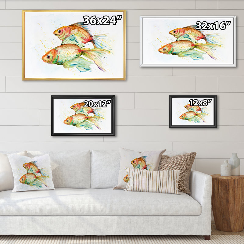 Deux poissons rouges rétro - reproduction d'art sur toile traditionnelle, H 12 po x l 20 po x P 1 po, Cadre flottant noir