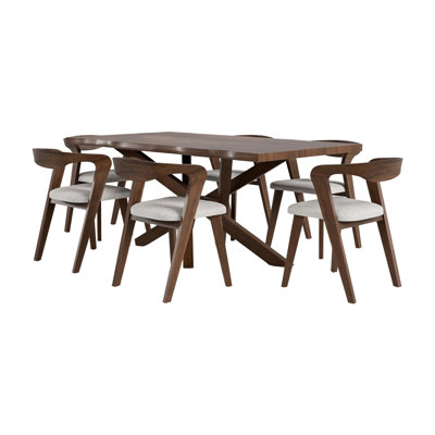 Vyva 7Pc Dining Table Set, 6 Ivory White Chairs, Brown Full Solid Wood