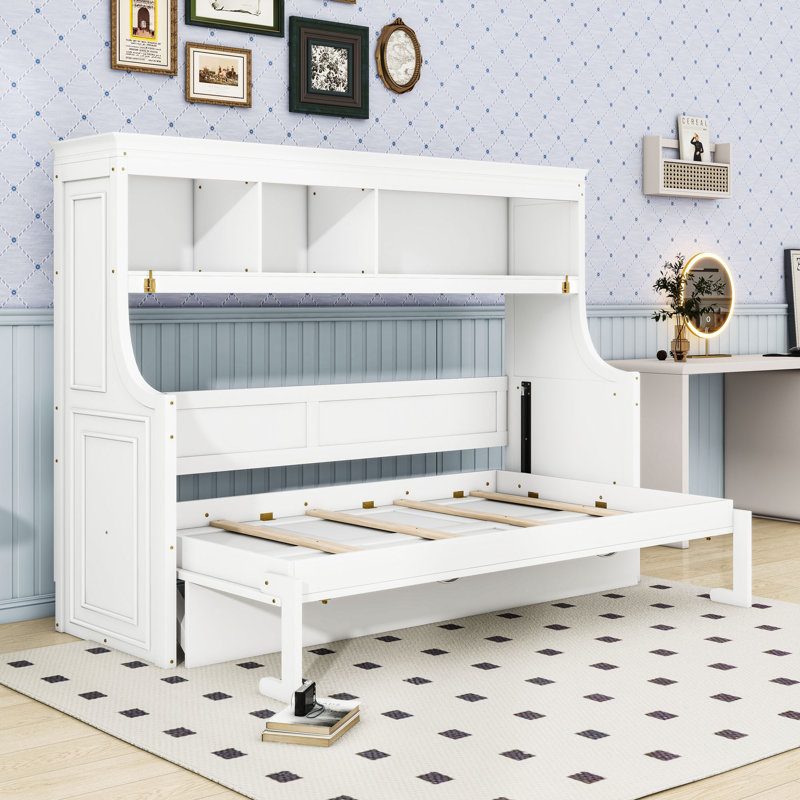 Lit escamotable simple avec bureau intégré et tablettes, Blanc