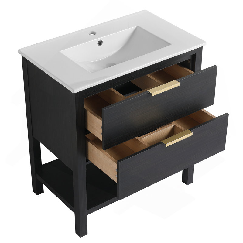 Meuble-lavabo de 30 po avec lavabo et 2 tiroirs à fermeture en douceur, poignée dorée-LPB01030BCTG-BL9075
