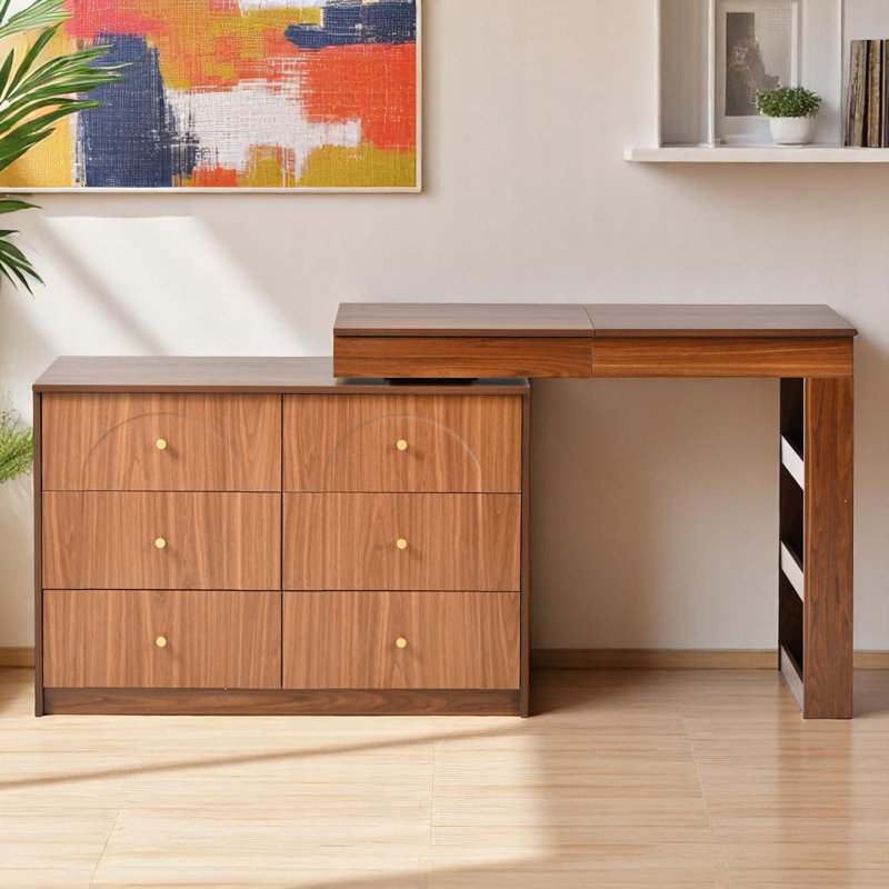 Maurece Rotatable Vanity Desk With Mirror And Adjustable LED Lights, Makeup Vanity With Flip-Top Tabletop And 7 Drawers