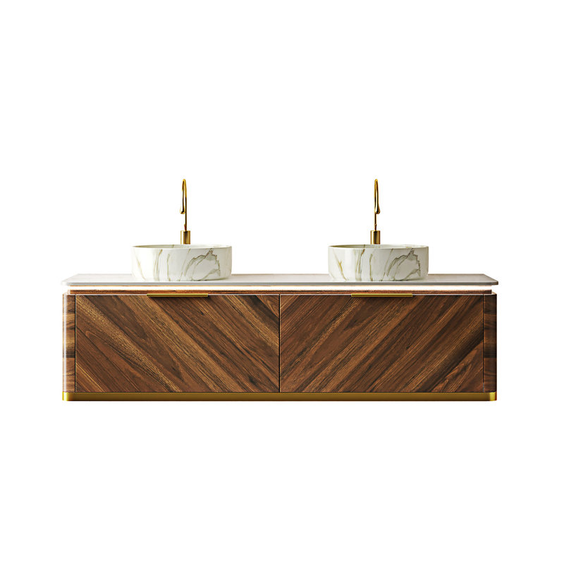 Meuble-lavabo flottant avec lavabos, Noyer foncé