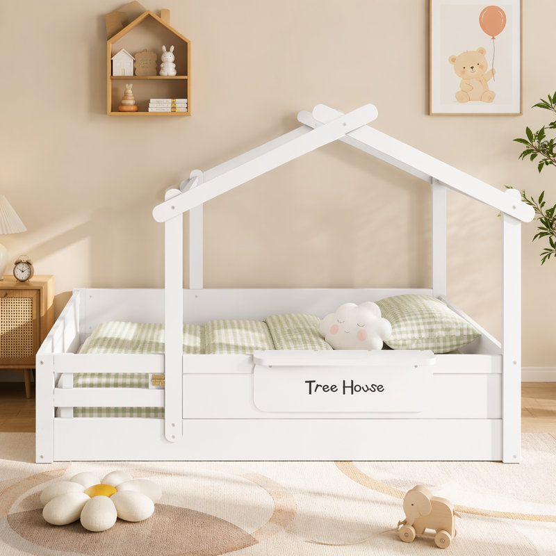 Lit double pleine grandeur en forme de maison avec garde-corps, plateau intégré et panneau personnalisable pour enfants, blanc