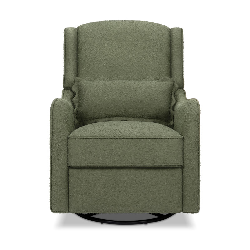 Olive Boucle Swivel Recliner with Wood Base