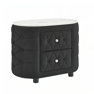 Oval Nightstand with Marble Top and Two Storage Drawers, Upholstered Fabric for Elegant Bedroom Decor