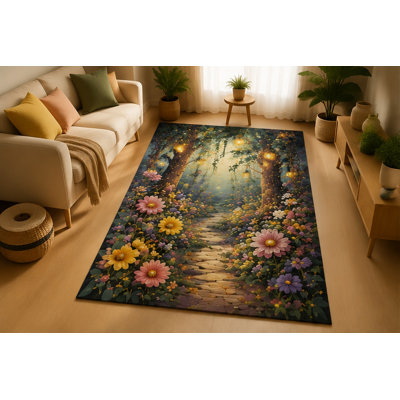 "Ultra Light Weight" 5' x 7' Enchanted Forest Garden Path Area Rug, Soft Low Pile Indoor Rug with Non-Slip Silicone Backing for Living Room, Bedroom, Office, Family Room, Reading Room, Green