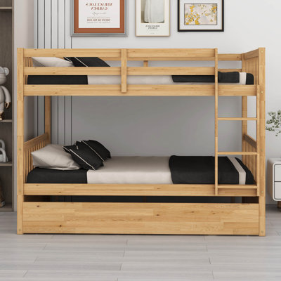 Full Over Full Rubber Wood Bunk Bed – Twin Size Trundle, Ladder, Guardrails & Convertible To 2 Full Beds