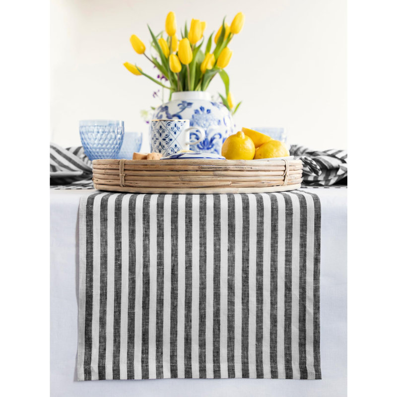 Amalfi Stripe - 100% Pure Linen Table Runner, Black/White, 144" x 14"