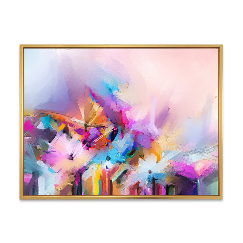 Turquoise, mauve, grunge, huile sur toile, impression sur toile flottante, H 24 po x l 36 po x P 1 po, Cadre flottant doré