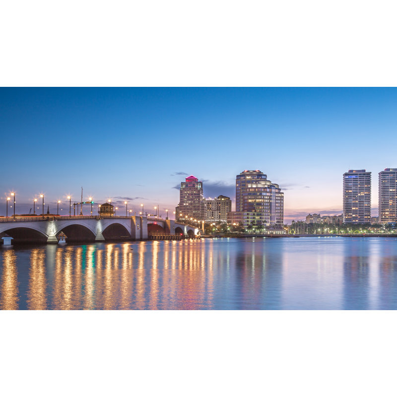 Palm Beach, Floride - Intercoastal Bridge, soirée du centre-ville, Skyine, paysage urbain, H 16 po x l 24 po x P 1,5 po