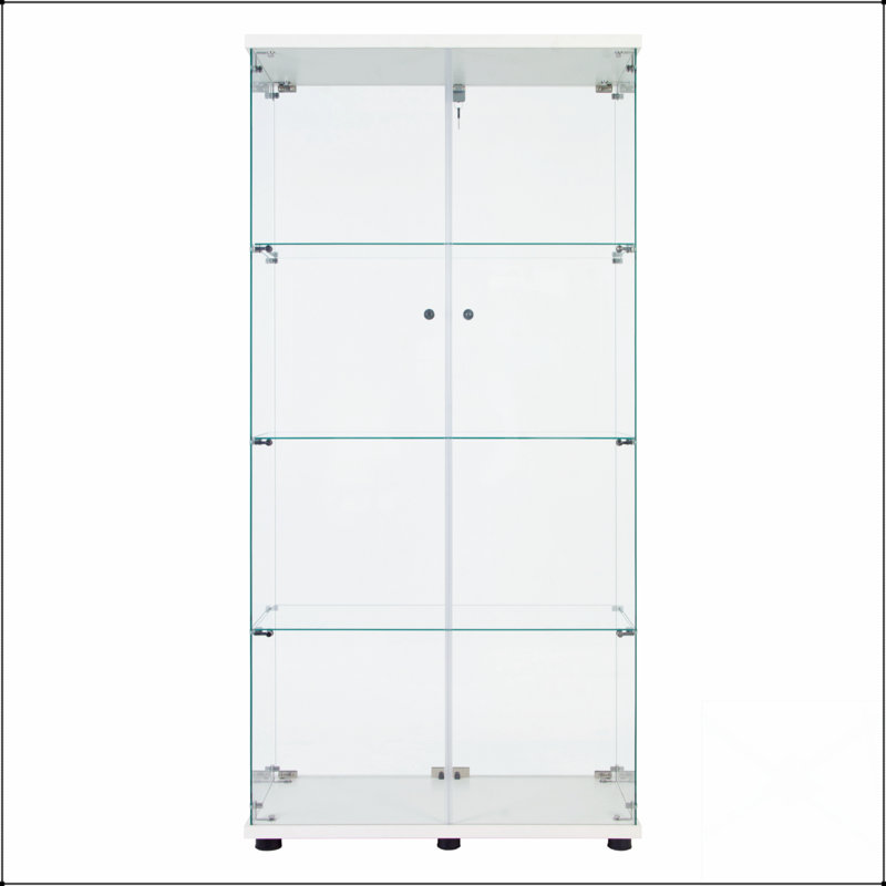 Modern LED Strip Light Two Door Glass Display Cabinet With 4 Shelves, White, Perfect For Showcasing And Storage, White