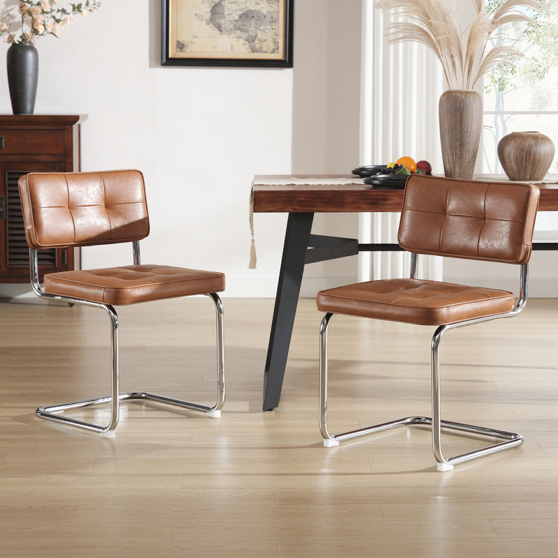 Chaise en porte-à-faux capitonnée en cuir Marlow, Brun, Chrome chrome