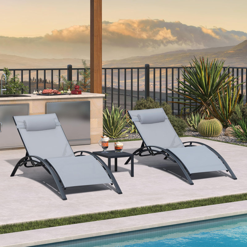 3 pcs Outdoor Chaise Lounge Set Oversized Aluminum Patio Set with Side Table, Light Gray
