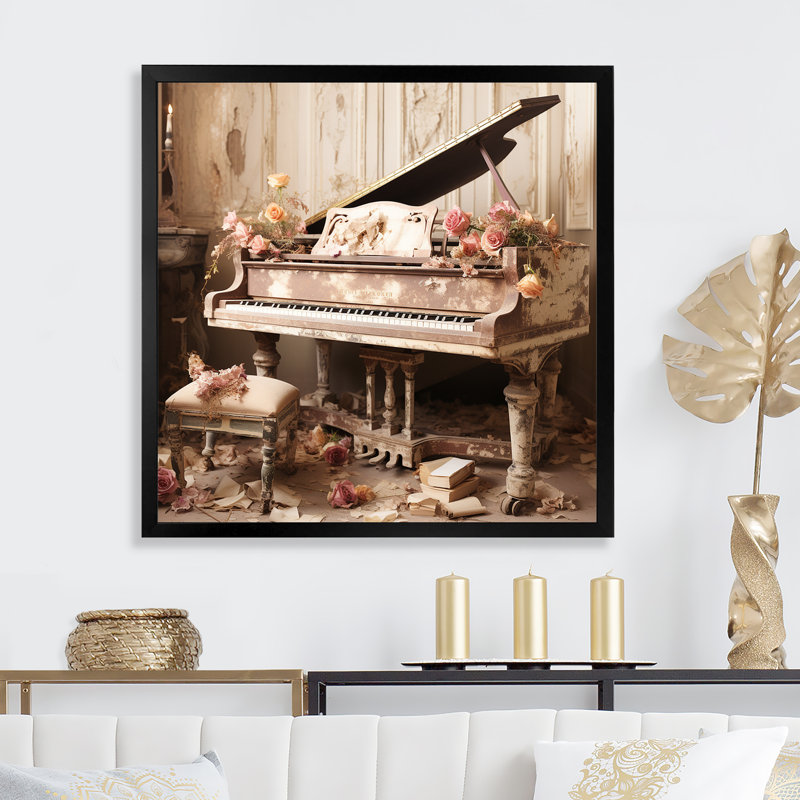 Vintge Piano Romantic Melody 1 - Piano, art mural, Cadre flottant noir, H 30 po x l 30 po x P 1,5 po