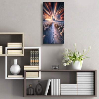 Art mural en verre épique «Lighthouse Sunrise 2» par Rey Klimt, 12 po x 24 po