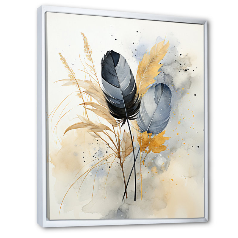 «Dulwich Asian Art Feathers Sumi II», reproduction sur toile, H 32 po x l 16 po x P 1 po, Cadre flottant blanc