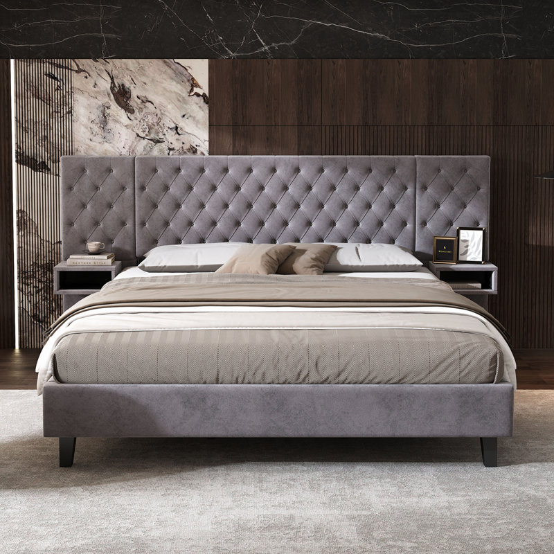 Luxueux lit plateforme tapissier en velours avec tête de lit à oreilles et rangement intégré, parfait pour les chambres élégantes