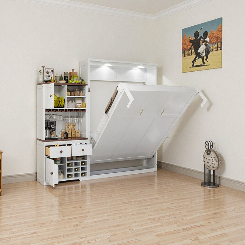 ​​Queen Size Murphy Bed with Storage Cabinet, Wine Rack, Glass Holder, Drawers and Multi-Colour LED Strip, White