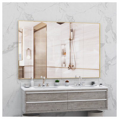 Miroir mural surdimensionné en aluminium avec plateau amovible, 72 po x 48 po, finition dorée, montage vertical ou horizontal pour salle de bain, chambre à coucher et salon
