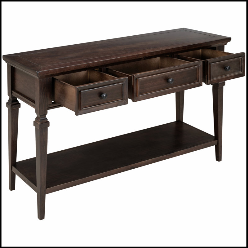 Console de style rétro classique avec trois tiroirs supérieurs et une tablette inférieure ouverte, facile à assembler (espresso)