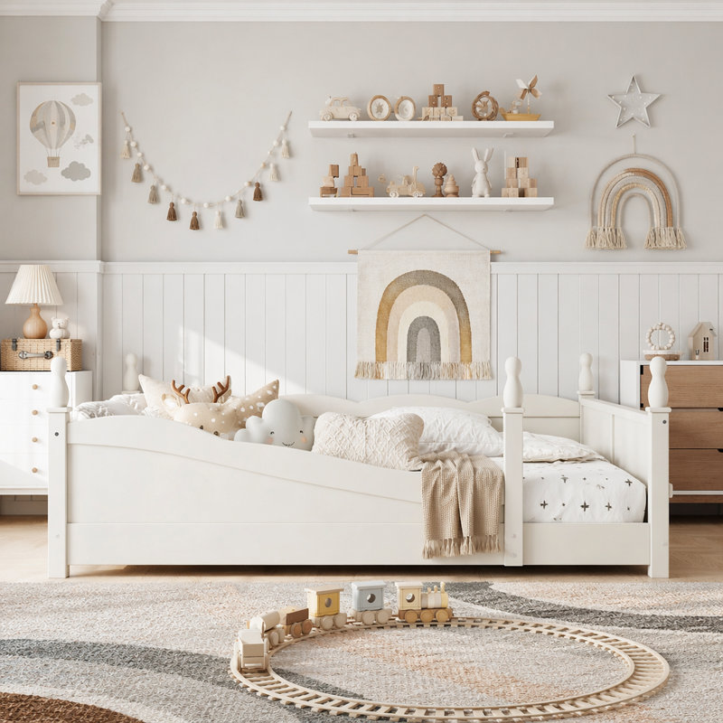 Lit double Montessori avec garde-corps et bibliothèque, Double, Beige