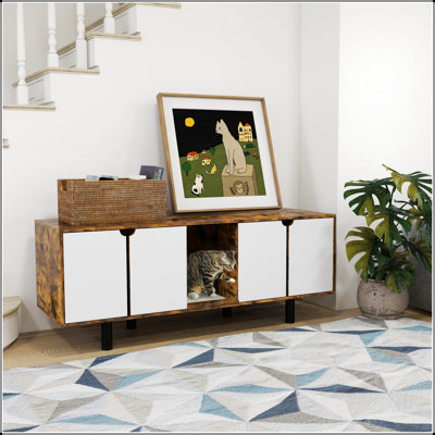 PawHut Hidden Litter Box Enclosure for 2 Cats, Litter Box Furniture TV Stand with 2 Cabinets, Sand Drain Pad, Double Doors, for Indoor Use, 57.9" x 18.9" x 22.8", Rustic