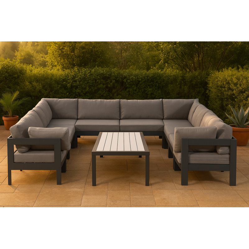 Koeppelle 120'' Wide Aluminum Patio Sectional with Cushions, Dark Gray, Gray