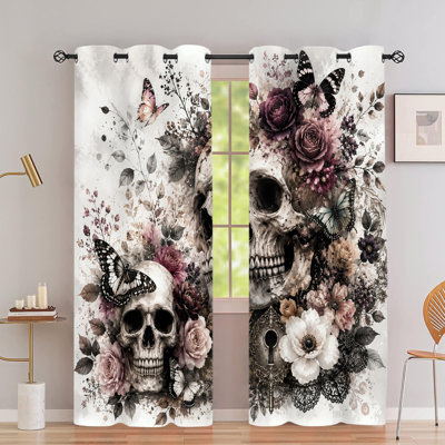 2 PCS rideaux occultants avec œillets, drapés en polyester rétro avec imprimé floral botanique et crâne gothique, isolation thermique, réduction du bruit, protection de la vie privée, rideaux obscurcissants pour la chambre à coucher, salon, cuisine, intérieur
