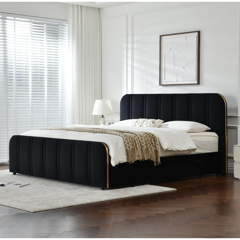 Lit tapissier avec 2 grands tiroirs de rangement en bois , Très grand, Noir