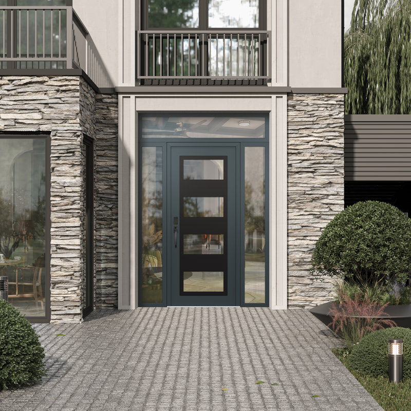 Panneau d'entrée en acier noir anthracite / anthracite avec 2 panneaux latéraux et porte d'entrée pré-montée traverse, Clair