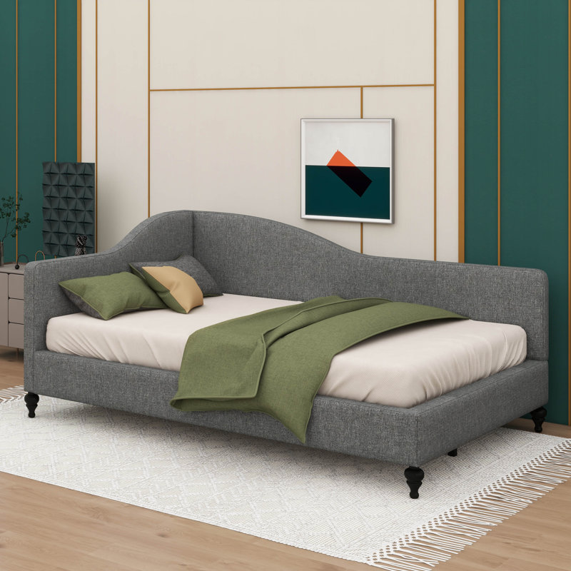 Chic L-Shaped Linen Daybed On Solid Wood Legs, Gray, Twin