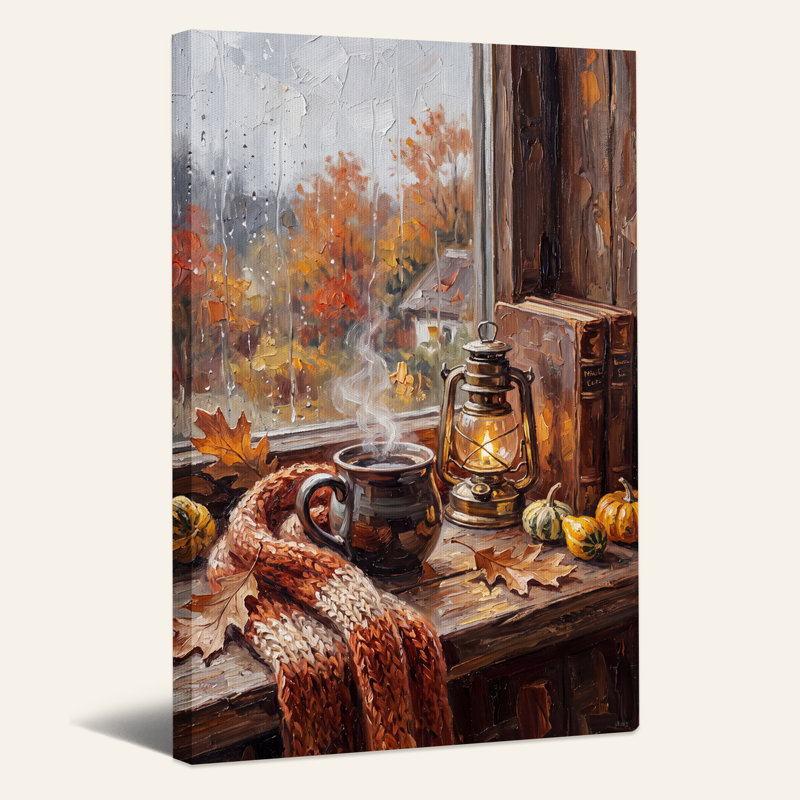Scène d'automne à la fenêtre avec tasse fumante et lanterne - Toile murale d'Halloween, 48"H x 36"W