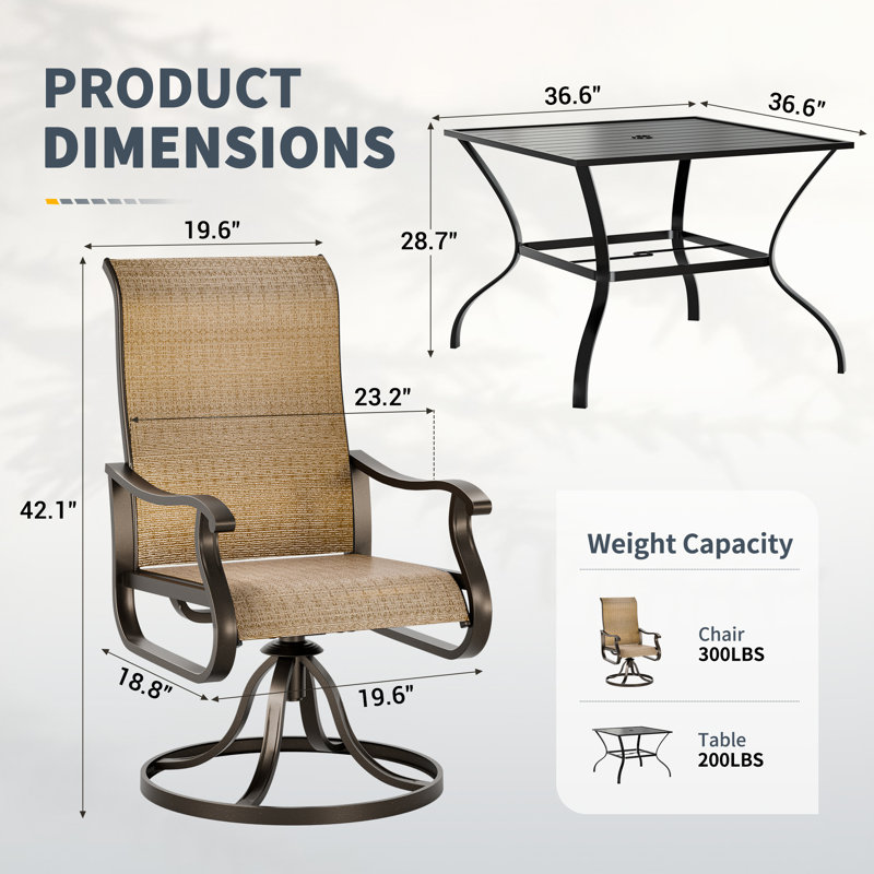 360° Swivel Rocker Patio Dining Set - 4-Person Outdoor Dining Table and Chairs, Brown
