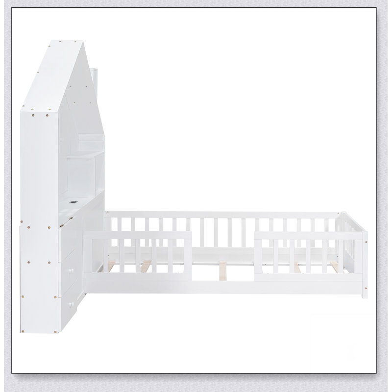 Lit maison avec fenêtre et tiroirs de chevet, lit plateforme avec tablettes, prises et port USB, Lit simple