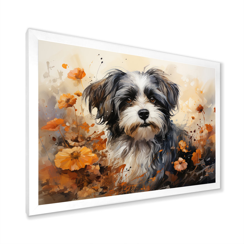 Floral Shih Tzu Serenity sur impression sur toile, Cadre de coin blanc fermé, H 34 po x l 44 po x P 1,5 po