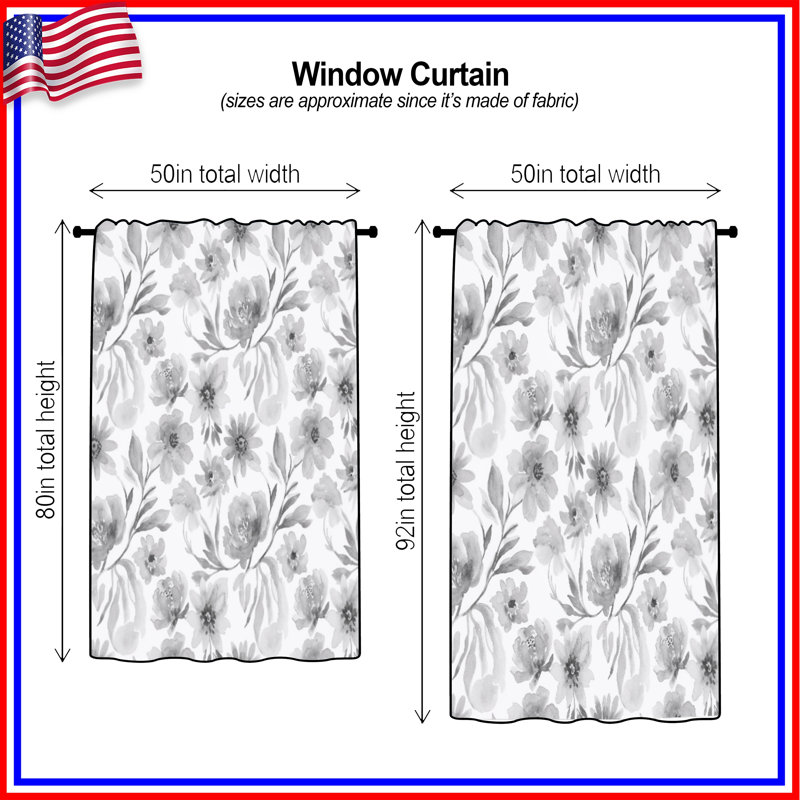 Rideaux à motif floral noir et blanc à motif aquarelle, rideaux à motif floral - 1 panneau, 50 po x 92 po - 1 panneau