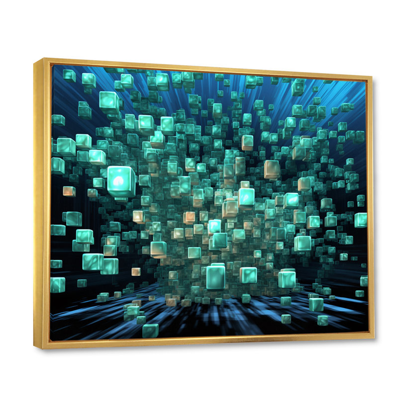 Matrix Galaxy Abstract Deep Blue and Turquoise - Print, 16" H x 32" W x 1" D, Gold Floater Framed