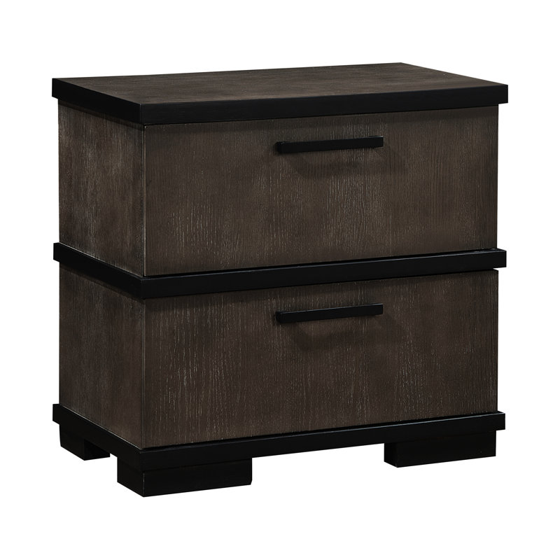 Table de chevet deux tons brun noir pour la chambre à coucher, 2 tiroirs, sans assemblage, bois, table de chevet à glissières à roulement, poignées de bar à ton plat, fabrication en placage de bois