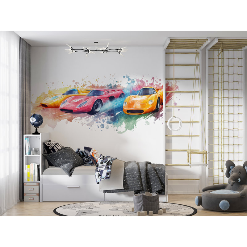 Adhésif décoratif voiture de course pour chambre d'enfant - Murale de voiture de sport colorée au-dessus du lit 059Mv