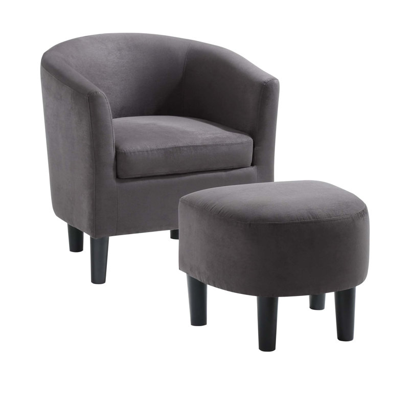 Anges Upholstered Barrel Chair with Ottoman, Dark Gray Microfiber