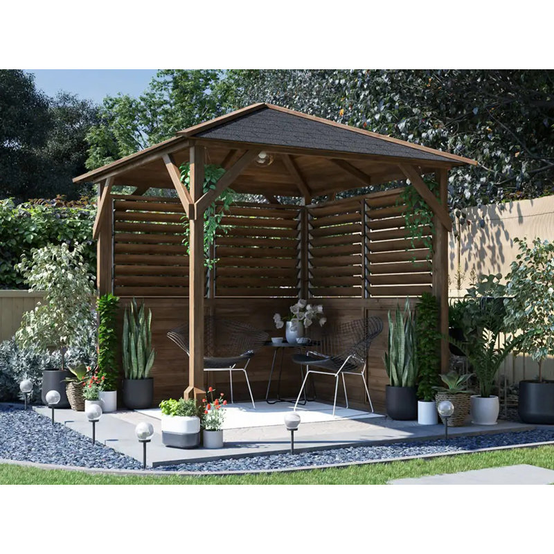 Dunster House Wooden Gazebo Louvre Wall 2m x 2m Garden Shelter Roof Shingles Utopia 200